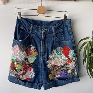 Vintage Blush On Shorts Womens Medium Denim Patchwork Funky Summer Boho Hippie
